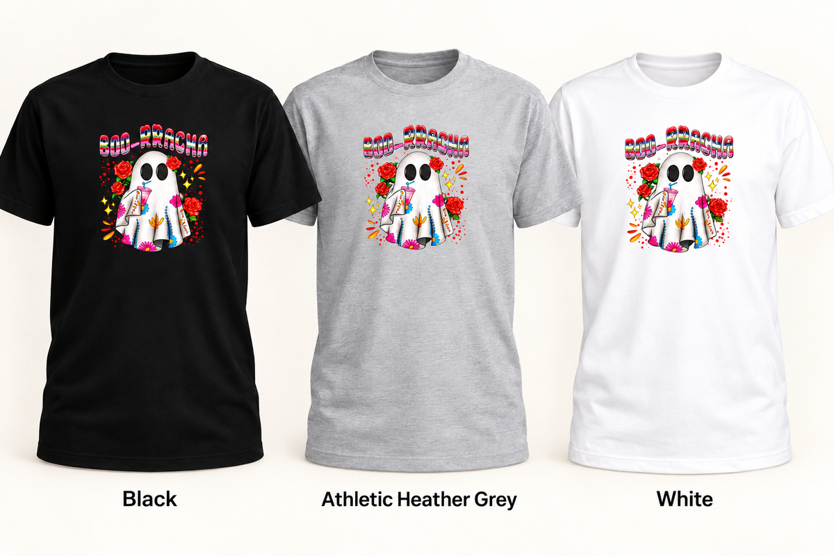 Boo-Rracha black, grey and white tees