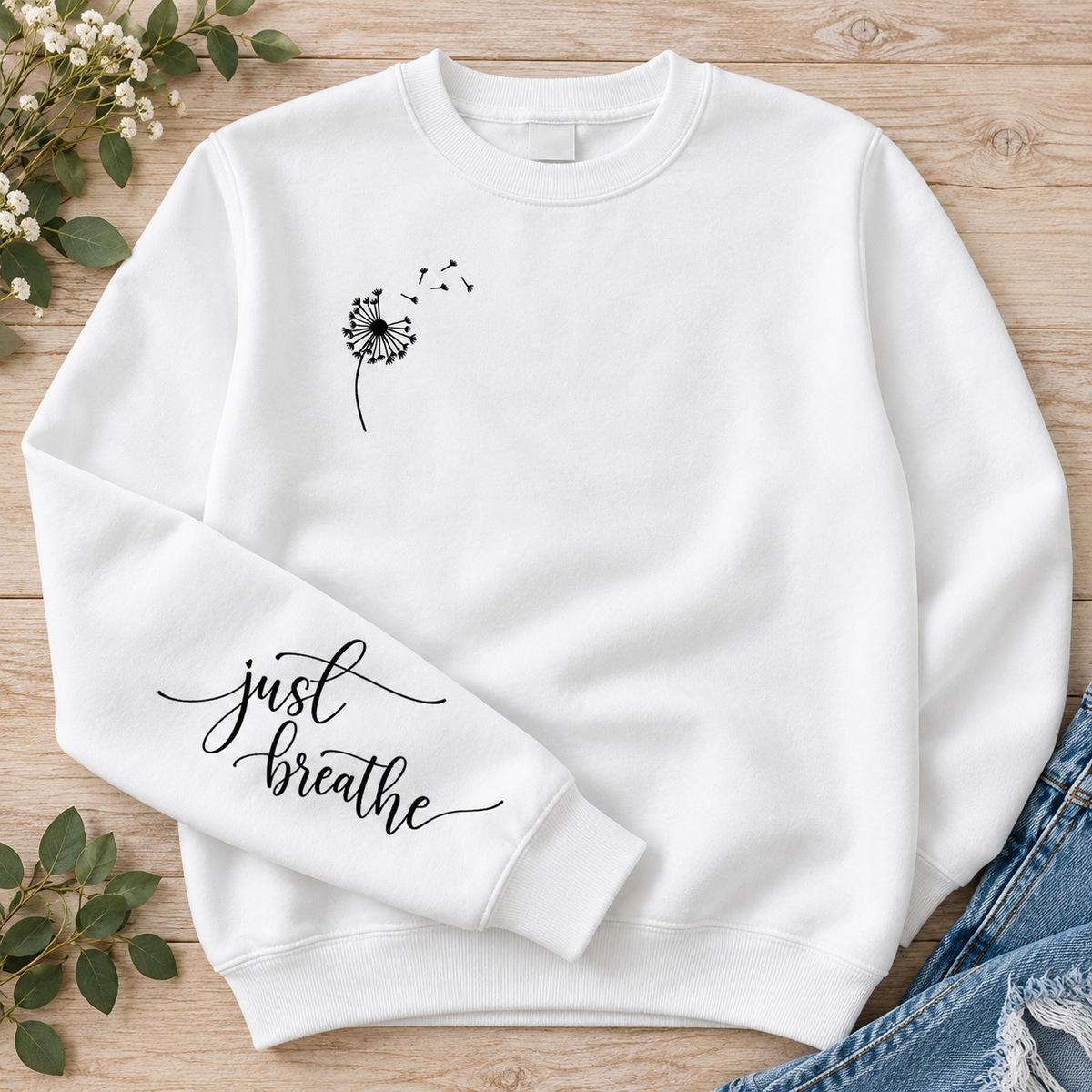 Dandelion Just Breathe white crewneck