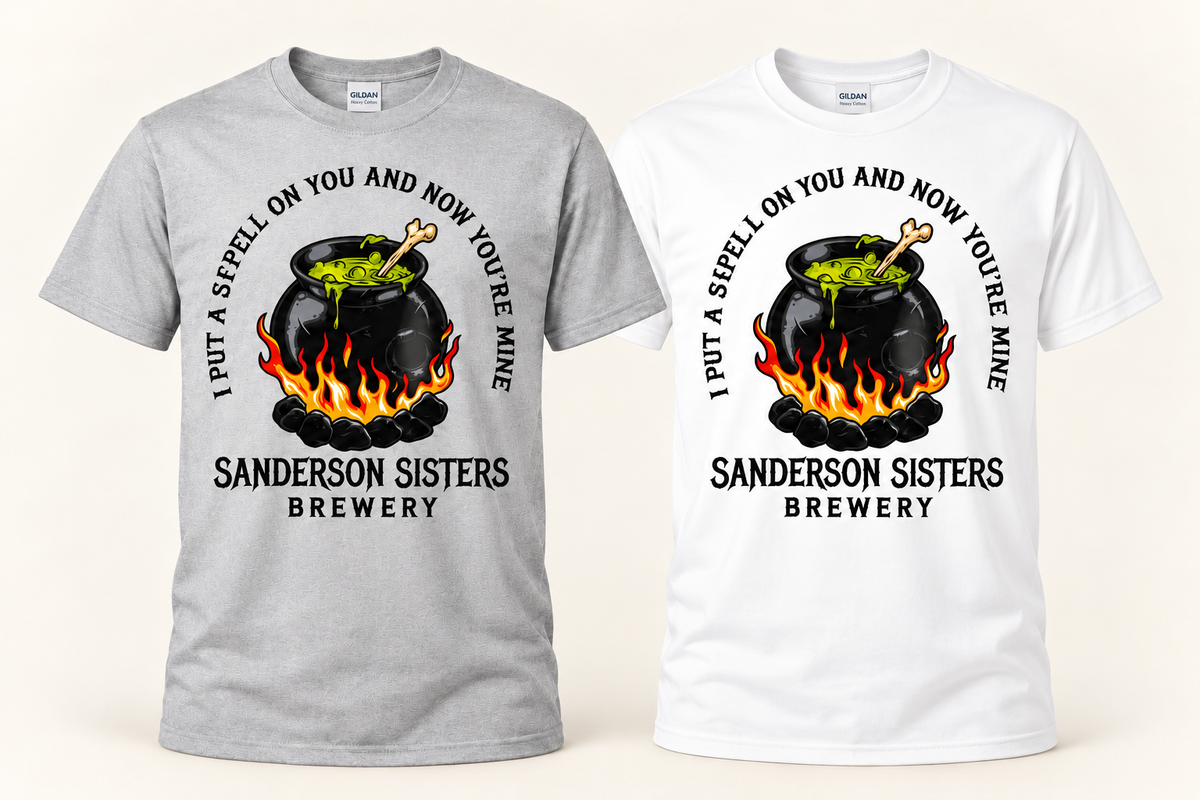 Sanderson Sisters Brewery grey and white shirt mockups