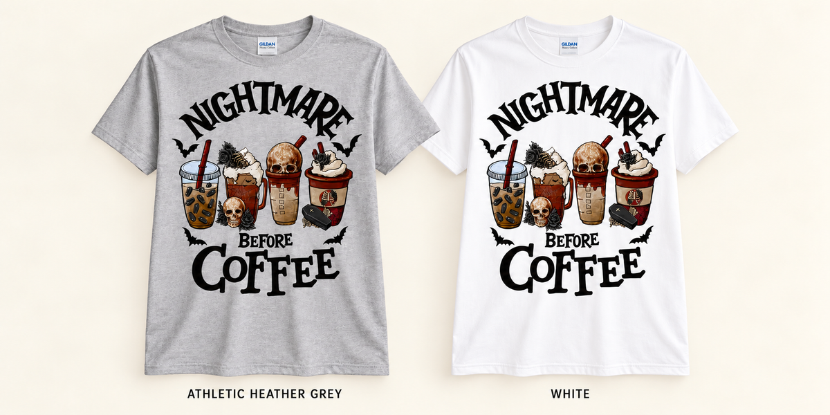 Nightmare Before Coffee grey and white shirt mockups