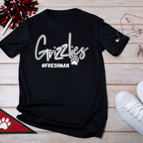 Black Grizzlies Freshman shirt with red and black school-spirit accessories
