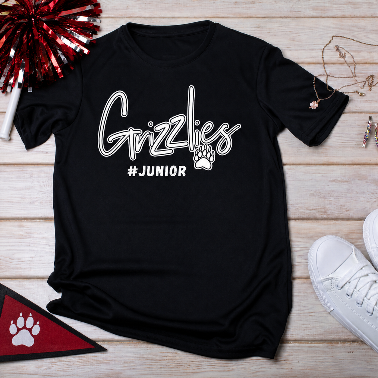 Black Grizzlies Junior shirt with red and black school-spirit accessories