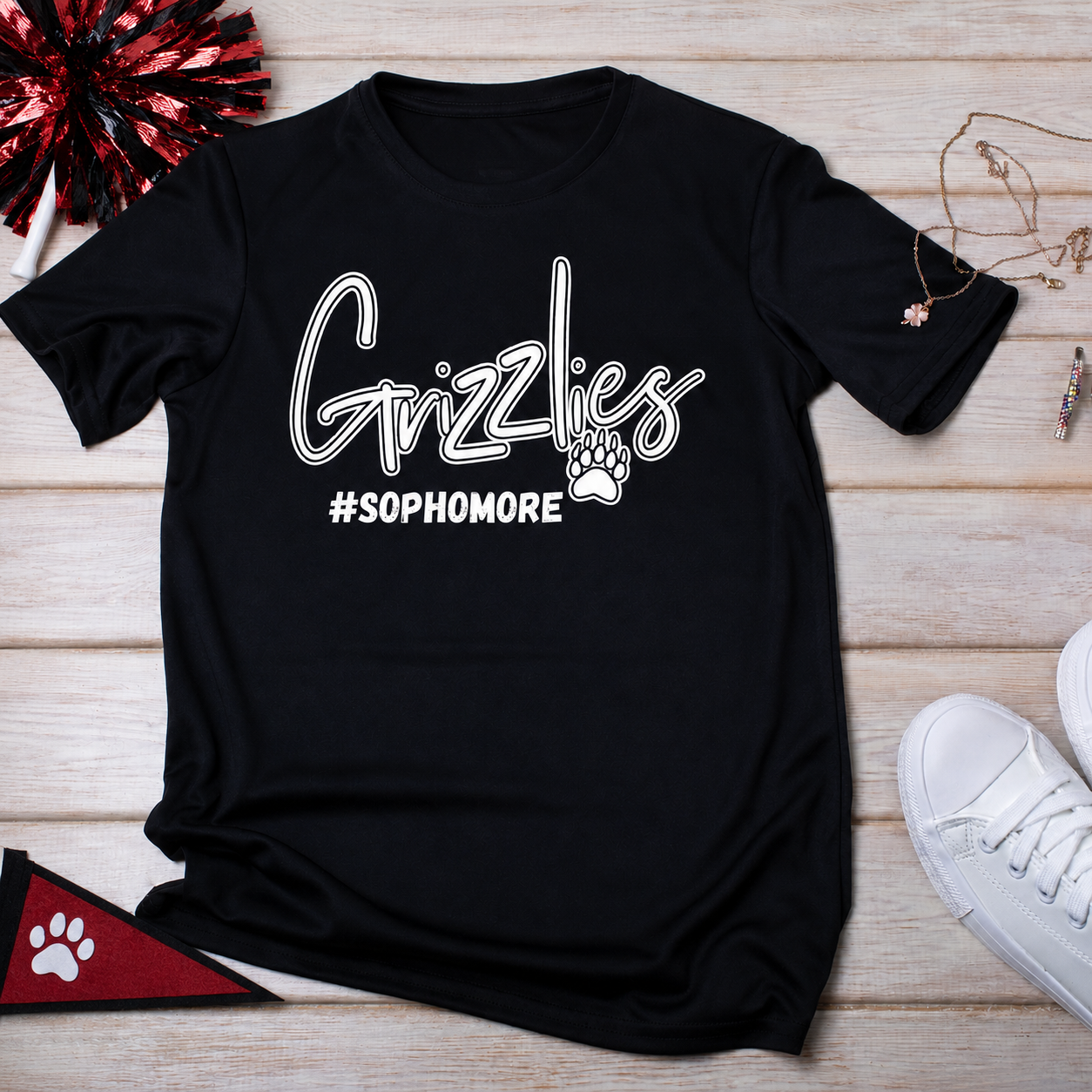 Black Grizzlies Sophomore shirt with red and black school-spirit accessories