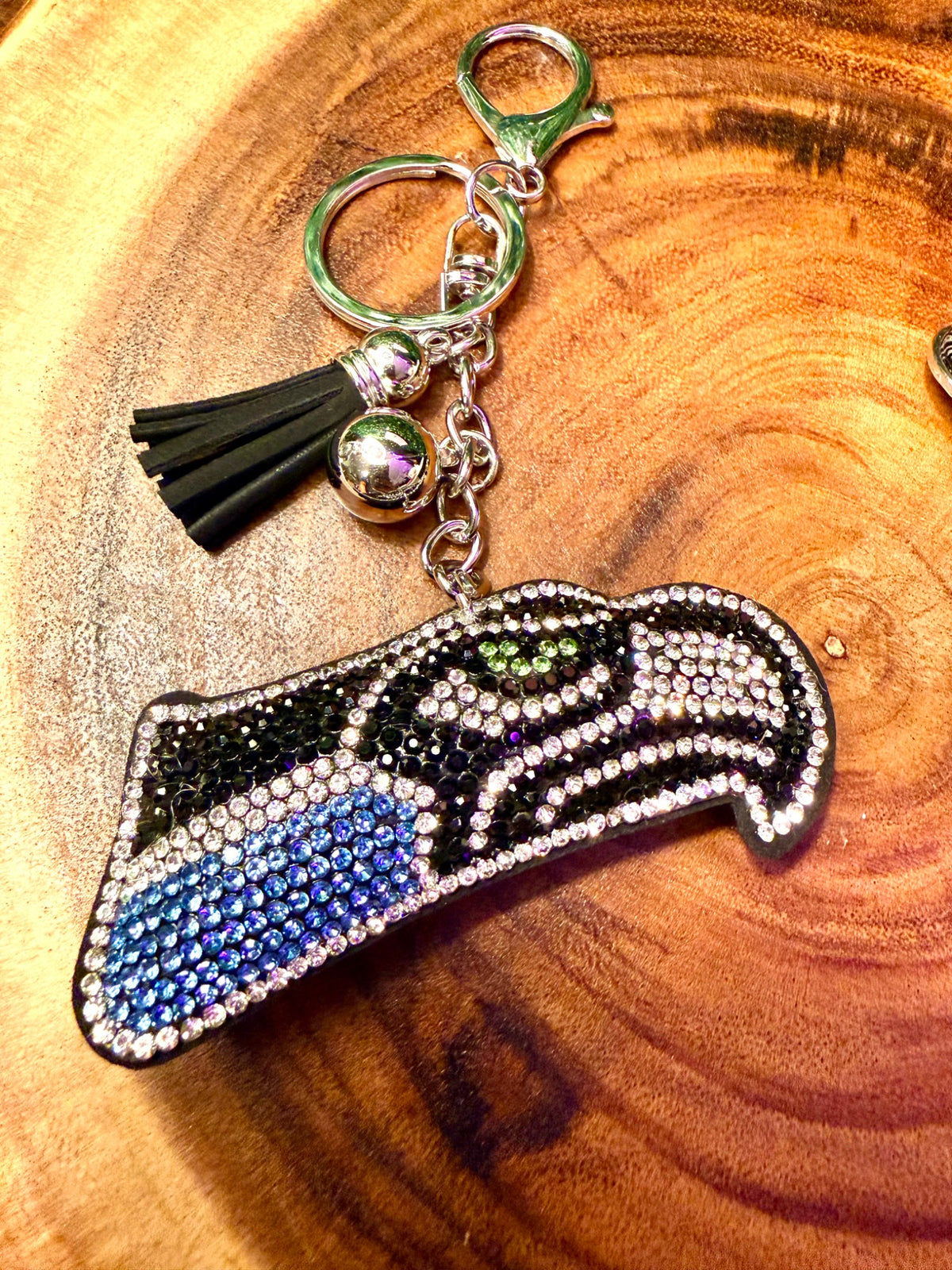 Seahawks rhinestone keychain and bag clip with black tassel
