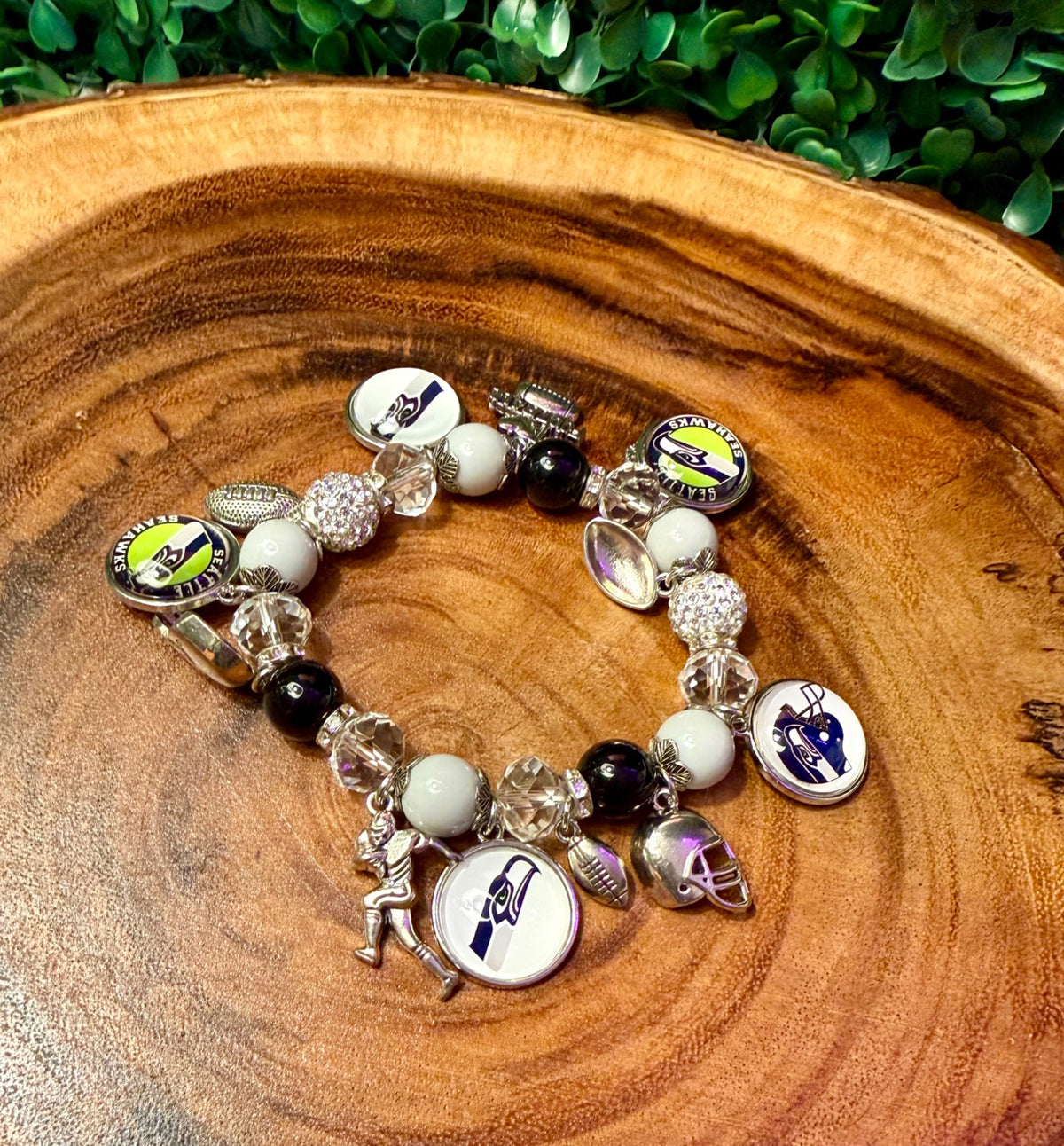 Seahawks stretch bracelet with sparkling beads and football charms
