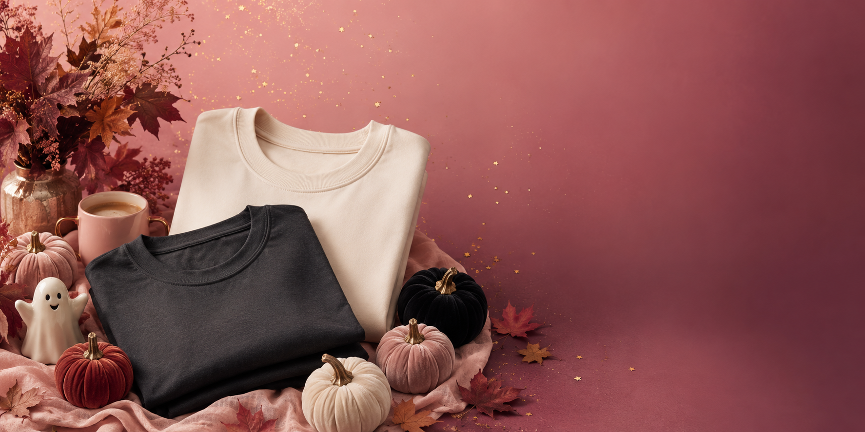 Cute pink and plum Halloween boutique scene with folded shirts, velvet pumpkins and a friendly ghost