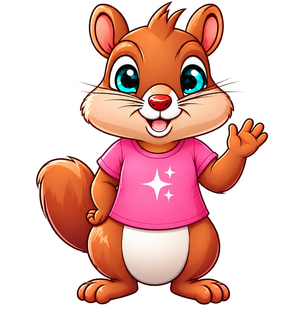 Sparkly Squirrel mascot wearing a pink graphic tee and waving