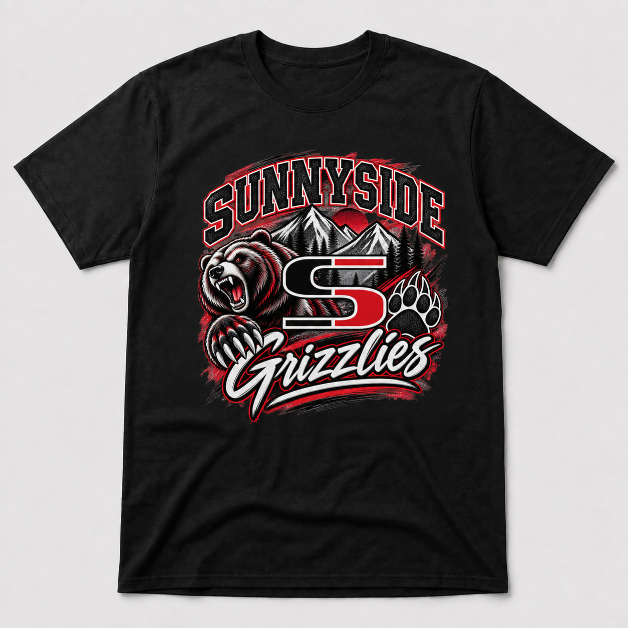 Black short sleeve tee featuring the Sunnyside Grizzlies spirit emblem
