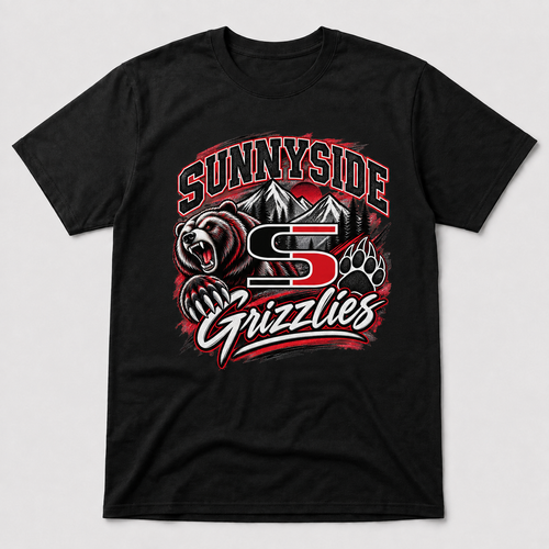 Black short sleeve tee featuring the Sunnyside Grizzlies spirit emblem