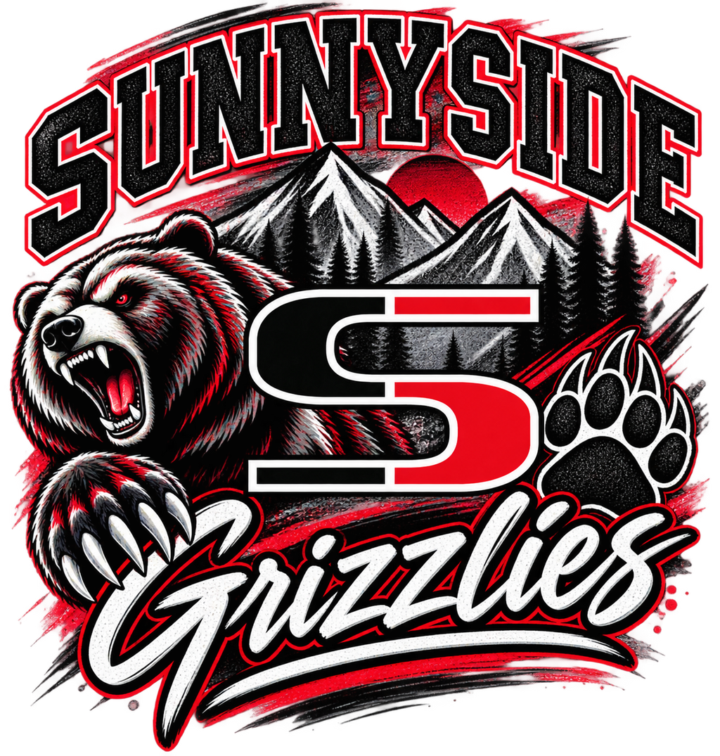 Sunnyside Grizzlies red black and white spirit emblem with bear, mountains, S logo and paw print