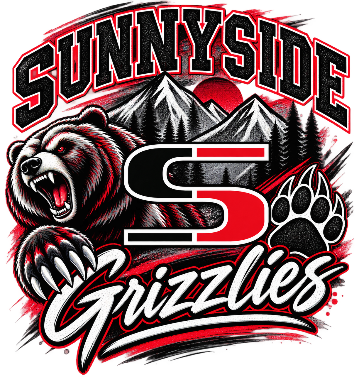 Sunnyside Grizzlies red black and white spirit emblem with bear, mountains, S logo and paw print