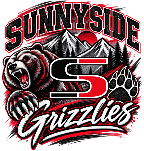 Sunnyside Grizzlies red black and white spirit emblem with bear, mountains, S logo and paw print